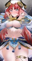 1girls bangs belly blue_eyes blush breasts cleavage genshin_impact gradient_background huge_breasts long_hair looking_at_viewer nilou_(genshin_impact) red_hair shiben_(ugvu5784) simple_background solo standing thighs