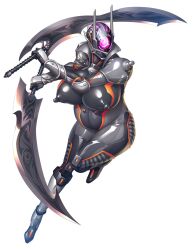 1_eye anthro areola big_breasts breasts brunhild_(taimanin_asagi_battle_arena) clothed clothing cyclops digital_media_(artwork) dual_wielding erect_nipples female grey_body grey_skin holding_object holding_weapon huge_breasts humanoid machine mammal melee_weapon nipples not_furry obui pregnant pregnant_female purple_eyes robot solo sword taimanin_(series) weapon white_background