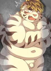 1boy 2022 anthro balls belly big_belly blush bodily_fluids felid flaccid genitals hi_res kemono licho_(tokyo_afterschool_summoners) lifewonders male male_only mammal moobs navel overweight overweight_male pantherine penis ptcmtr small_penis solo surprise tears tiger tokyo_afterschool_summoners video_games white_body