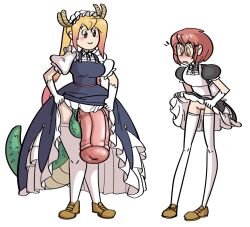 1futa 1girls antlers balls blonde_hair bottomless clothed clothing dragon_penis duo female futanari gigantic_penis glasses going_commando huge_balls huge_cock human humanoid intersex kobayashi light-skinned_female light-skinned_futa light_skin maid maid_apron maid_headdress maid_uniform miss_kobayashi's_dragon_maid mostly_clothed penis pervaxena pussy red_hair shoes standing tail thighhighs tohru_(dragon_maid)