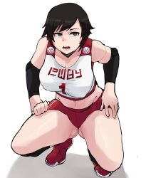 1girls 2022 black_armwear black_hair breasts female female_only gym_uniform hi_res horu large_breasts midriff navel red_sneakers ruby_rose rwby silver_eyes solo squatting thighs white_background