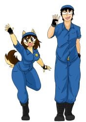 big_breasts big_eyes blue_clothing boots breasts dog domestic_dog female furry furry_female furry_tail male perezosodraw police police_uniform policewoman short_hair tagme tail