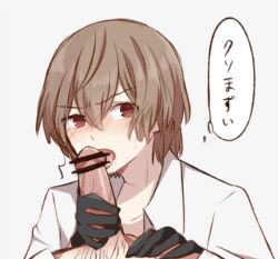 blowjob brown_hair cum cum_in_mouth femboy gloves goro_akechi male/male male_only persona persona_5 red_eyes yaoi