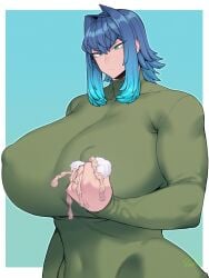 big_breasts blue_background blue_eyes blue_hair bondage border breasts castration covered_collarbone covered_navel covered_nipples crushed_testicles english_commentary erect_nipples_under_clothes female femdom gradient_hair green_sweater highres huge_breast huge_breasts impossible_clothes impossible_shirt large_breasts long_sleeves massive_breasts multicolored_hair muscular muscular_female nipples_bulge original original_character outline outside_border popping_balls puffy_nipples sadism shirt sidelocks signature spacezin squeezing squeezing_testicles sweater testicle_grab testicles tsurime white_border x-ray zoe_(spacezin)