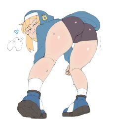 1boy ass_focus backsack blonde_hair blush boots bridget closed_eyes compression_shorts guilty_gear guilty_gear_strive hoodie male male_only pubsnsfw shorts solo solo_male spandex_shorts spoken_heart sweat thick_thighs thighs white_background