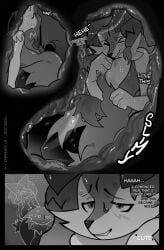 anthro bodily_fluids braixen dialogue dishonesty duo felid female female/female generation_6_pokemon generation_9_pokemon greyscale hi_res internal mammal meowscarada monochrome nintendo organs pokemon pokemon_(species) saliva saliva_string stomach sweat vore voremaxx willing_prey