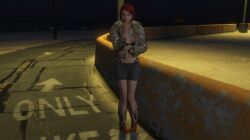 1girls 3d 3dcg alternate_outfit beachside belly black_bra bracelet breast_tattoo cheetah_print cleavage edited_screencap exposed_bra female_only femsub grand_theft_auto grand_theft_auto_online grand_theft_auto_v grey_miniskirt grey_skirt gta_prostitute high_heel_boots large_breasts leaning_to_the_side low_resolution miniskirt navel necklace prostitute prostitution red_hair red_hair_female red_high_heel_boots red_lipstick red_thong rockstar_editor short_hair short_hair_female short_skirt skirt thong urahatax wide_shot