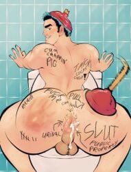 ass ass_focus balls bara big_ass big_butt butt butt_focus cum cum_in_ass date_everything donut_anus facial_hair gay hairy hairy_male hands_on_wall jean_loo_pissoir looking_at_viewer muscular nizbagelshop plunger slap_mark smug toilet writing_on_ass writing_on_body