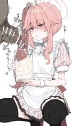 blue_archive natsu_(blue_archive) beer_mug apron black_thighhighs kumiyabe japanese_text wrist_cuffs pink_hair halo striped_clothing squatting 1girls cum 1boy ejaculation masturbation penis dark-skinned_male light-skinned_female pubic_hair_in_cum pubic_hair cum_mug repost