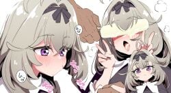 1boy 1girl blonde_hair blush closed_mouth double_v fellatio food frown hair_intakes hands_up holding holding_food holding_popsicle looking_at_viewer meitantei_precure! melting_popsicle moria_luluka multiple_views oral penis_on_face penis_over_eyes phallic_symbol popsicle precure pretty_cure purple_eyes solo_focus tongue tongue_out tottotonero v