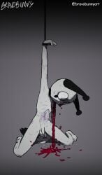 anthro artist_name blood bodily_fluids bravobunny death full-length_portrait fur genitals gore grey_body grey_fur hi_res humanoid_genitalia humanoid_penis kneeling male mammal penis portrait raised_arm solo text wounded
