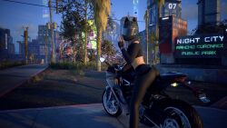 1girls 3d 3d_(artwork) absurd_resolution ass ass_cleavage ass_focus beautiful_woman black_leggings bubble_butt character_request cityscape cyberpunk_(series) cyberpunk_2077 edited_screencap femsub filtered game_mod heavenly_ass heavenly_body helmet_covering_face helmet_with_visor high_resolution leggings masked_female mature_woman motorcycle necklace peace_sign posing_for_picture posing_for_the_viewer rings sitting_on_motorcycle skyscrapers source_request text tight_leggings tomboyish zl.one