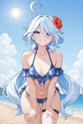 1female 1girls 1human 1woman ai ai_generated beach beach_background big_breasts bikini bikini_bottom bikini_only bikini_top black_legband black_legwear blue_bikini blue_bikini_bottom blue_bikini_only blue_bikini_top blue_eye breasts dark_blue_eye day daylight daytime female female_only fontaine_girls frosting.ai furina furina_(genshin_impact) genshin_impact hair_flower hair_ornament hands_on_legs hawaiian hawaiian_clothes hawaiian_female heterochromia hoyoverse human human_only leaning_forward legband legs_together legwear light_blue_eye light_blue_hair long_hair looking_at_viewer mihoyo non-nude red_flower red_hair_ornament sand sea seaside sfw smiling smiling_at_viewer solo standing teeth teeth_showing thick_thighs thighs tummy two-tone_eyes woman woman_only woman_solo