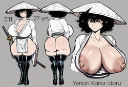 1female 1girl 1girls ai_generated areola_slip areolae_slip asian asian_female ass big_ass big_boobs big_breasts black_hair character_name character_sheet curvaceous curvy curvy_figure detailed female female_only heel_boots huge_areola huge_areolae huge_ass huge_breasts jonnidabun katana kimono novelai original perky_nipples red_eyes rice_hat thick_thighs voluptuous voluptuous_body voluptuous_female white_skin white_skinned_female wide_hips