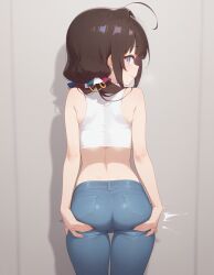 long_hair loose_hair slutty_female petite_female small_ass young_female heavenly_ass heavenly_body focus_on_ass blue_jeans no_panties crop_top white_skin flat_chest tempting_viewer ai_generated hinatsuru_ai blue_eyes brown_hair