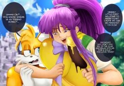 anthro anthro_on_human blue_eyes breast_on_head chocolate_banana crabtopus crossover eiken fox gigantic_breasts headlock human_on_anthro kirika_misono miles_prower ponytail popsicle_melting purple_bow purple_eyes purple_hair sidelocks size_difference sonic_(series) sonic_the_hedgehog_(series) tails_the_fox taller_female yellow_fur