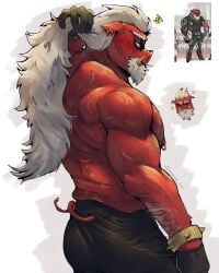 male male_only bara muscles muscular barazoku furry anthro zenless_zone_zero big_daddy_(zenless_zone_zero) sus_(pig) suina facial_hair beard tusks sunglasses white_hair red_skin solo solo_male miauarf cratty_wan shirtless body_hair ass nipple_piercing scars sweat sweating