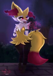 alternative_fashion anthro astralia black_body black_fur braixen breasts clothing dialogue ear_piercing embarrassed english_text facial_piercing female female_anthro fur generation_6_pokemon genitals goth hi_res inner_ear_fluff innie_vulva legwear makeup markings mole_(marking) nintendo nipple_piercing nipples nose_piercing open_mouth outside piercing pink_nipples pokemon pokemon_(species) red_eyes shy small_breasts solo text tights tuft vulva white_body white_fur yellow_body yellow_fur