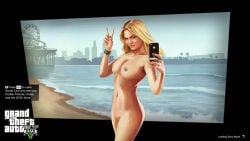 1girls 2026 artist_request bare_shoulders blonde_hair_female blue_eyes cellphone cleavage collarbone dialogue edited_official_artwork fully_nude fully_nude_female grand_theft_auto grand_theft_auto_v gtav_cover_girl large_breasts logo los_santos mature_woman parody peace_sign photoshop pussy rockstar_games smug_face source_request text