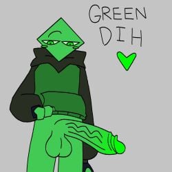 1boy 2d 2d_(artwork) 2d_artwork balls ballsack blush blushing blushing_male cock dick dih ferman ferman_(robloxian) funny green_body green_eyes green_hair green_penis green_skin male male_only oc original original_character pants_down penis self_insert sweater text veiny_penis
