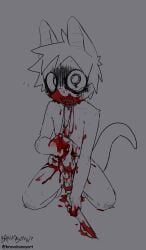anthro balls blood blood_on_face bodily_fluids bravobunny domestic_cat felid feline felis genitals gore guts hi_res holding_knife holding_object intestines kemono knife male mammal organs penis self-harm solo tail
