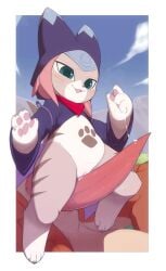 1girl absurdres aqua_eyes bestiality bottomless cat_girl cloak commentary dragon english_commentary felyne furry furry_female highres hood hood_up hooded_cloak huge_penis kekitopu monster_hunter_(series) open_mouth outdoors penis pink_hair precum purple_cloak pussyjob rathalos smile teratophilia tsukino_(monster_hunter) uncensored zoophilia