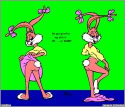 1990s 1994 20th_century anthro ass babs_bunny back_view bottomless clothing female female_only fur furry lagomorph looking_back mammal rabbit skirt_down solo standing tail tiny_toon_adventures tiny_toons ttbs uncensored upskirt warner_brothers wdf