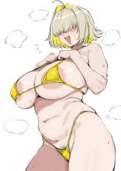taira_(artist) goddess_of_victory:_nikke elegg_(nikke) 1girls ahoge blonde_hair short_hair hair_intakes hair_over_eyes blush open_mouth smile sweat sweatdrop flying_sweatdrops fang skin_fang swimsuit bikini yellow_bikini string_bikini hands_on_own_chest breasts huge_breasts areola_slip large_areolae cleavage stomach navel belly plump highleg_bikini pubic_hair pubic_hair_peek female_pubic_hair black_pubic_hair mismatched_pubic_hair thighs thick_thighs cowboy_shot standing steaming_body steam solo simple_background white_background