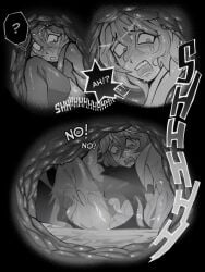 bodily_fluids breasts clothing digestion digestion_noises duo female greyscale human internal mammal monochrome onomatopoeia organs sound_effects stomach stomach_acid sweater text topwear torn_clothing turtleneck unwilling_prey vore voremaxx willing_to_unwilling_prey
