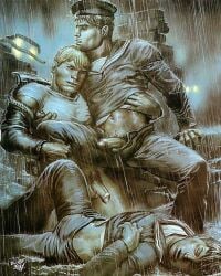 3boys balls_bulge bulge erection gay jacket leather male male_only night oliver_frey_(zack) original outdoors penis pubic_hair raining sailor traditional_media wet yaoi