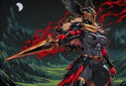 paigen ai_generated original original_character sia_(paigen) monster_girl horror horror_(theme) 1girls female nipples pussy breasts large_breasts elf elf_girl drow long_hair blonde_hair platinum_blonde_hair black_hair two-tone_hair dark_skin muscles abs toned_body toned_female muscular muscular_female scarf armor armored_female helmet winged_helmet shoulder_armor gauntlets gloves fingerless_gloves boots belt feathers skirt feather_skirt valkyrie pixel_art spear weapon