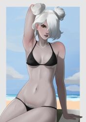1girls armpit armpit_crease armpit_fetish armpits arms_above_head arms_behind_head arms_up beach beach_background bikini bush bushy_pubes deadlock female_focus female_only graves_(deadlock) green_eyes licking_teeth mavexion petite petite_body petite_breasts petite_female petite_girl petite_tits pubes pubes_exposed sweat sweatdrop sweating sweaty sweaty_body