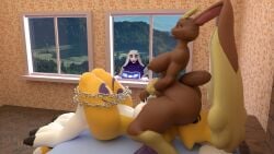 anthro bandai_namco bdsm big_breasts big_butt bondage bound breasts butt digimon digimon_(species) dominant dominant_female facesitting female female/female generation_4_pokemon hi_res lopunny mistress nintendo pokemon pokemon_(species) renamon sitting sitting_on_another suicune_queen toriel undertale_(series)