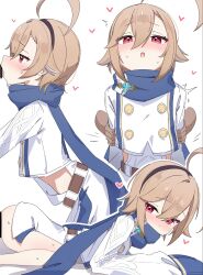 1girl ahoge bar_censor belt blue_scarf brooch brown_belt brown_hair buttons censored commentary cropped_jacket double-breasted fellatio firefly_(stella_sora) flat_chest heart hetero highres huge_ahoge jacket jewelry long_sleeves medium_hair multiple_views open_mouth oral panda060 penis red_eyes scarf sex simple_background skirt stella_sora sweat white_background white_jacket white_skirt