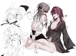 ... 2girls all_fours arms_behind_back barefoot bdsm bite_mark bite_mark_on_arm bite_mark_on_breast bite_mark_on_hand bite_mark_on_neck bite_mark_on_thigh black_shirt black_skirt blindfold bondage bottomless bound bound_wrists breasts cleavage commentary finger_in_another's_mouth grey_hair hand_on_another's_head heart hickey highres honkai:_star_rail honkai_(series) kafka_(honkai:_star_rail) large_breasts lipstick_mark lipstick_mark_on_arm lipstick_mark_on_leg long_hair multiple_girls off-shoulder_shirt off_shoulder purple_eyes purple_hair pussy saliva shirt simple_background skirt spoken_ellipsis spoken_heart stelle_(honkai:_star_rail) top-down_bottom-up trailblazer_(honkai:_star_rail) white_background white_shirt yunzhongxing yuri