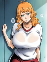 mimosa_vermillion black_clover orange_hair green_eyes gym gym_uniform t-shirt shorts sweat sweaty tite_kubo_style shao145 ai_generated solo solo_female 1girls curvy curvy_figure curvy_female curvy_body mature_female big_breasts large_breasts huge_breasts light_skin light-skinned_female shiny_skin looking_at_viewer