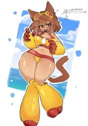 lemonwithmelons kit_(gameoverse) gameoverse thick_thighs big_breasts blush breast_expansion ass_expansion cat_ears cat_tail catgirl growth imminent_expansion imminent_growth swimsuit slider cleavage thigh_expansion