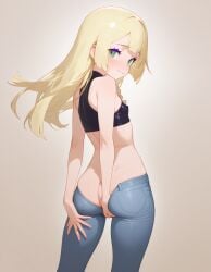 ai_generated blonde_female blue_jeans crop_top flat_chest focus_on_ass green_eyes heavenly_ass heavenly_body lillie_(pokemon) long_hair loose_hair no_panties petite_female pokemon slutty_female small_ass tempting_viewer white_skin young_female