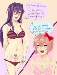 2girls breasts cleavage coinslot_pussy colored_pubic_hair cuts_on_arms cuts_on_chest cuts_on_thighs doki_doki_literature_club english_text female female_only female_pubic_hair fit_female heart-shaped_pubic_hair innie innie_pussy innie_vulva large_breasts light-skinned_female medium_breasts naughty_smile panties_down pubic_hair pulling_panties pussy pussy_hair sayori_(doki_doki_literature_club) scars semi_nude shaped_pubic_hair vagina yuri_(doki_doki_literature_club)