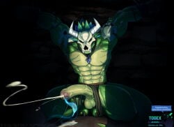 abs anthro balls big_penis bodily_fluids bound crotch_apron cum cumshot ejaculation erection foreskin genital_fluids genitals green_body green_skin hi_res horn huge_penis humanoid_genitalia humanoid_penis kneeling lizard magic male mask muscular muscular_male penis reptile scalie scar solo terraria tickling todex witch_doctor_(terraria)