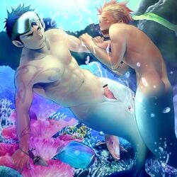 anus ass blue blush bubbles cum cum_inside erection fish gay hair male male/male male_only mentaiko merfolk merman muscles nipples nude open_mouth penis piercing swimming tail_fin tapering_penis tattoo topless underwater yaoi