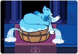 2025 anthro areola artist_request bath bathing belly big_areola big_belly big_breasts blue_areola blue_body blue_nipples border breasts darkner deltarune deltarune_chapter_4 digital_media_(artwork) eyes_closed female female_anthro huge_belly miss_mizzle_(deltarune) mizzle_(deltarune) nipples nude nude_anthro nude_female obese obese_anthro obese_female open_mouth overweight overweight_anthro overweight_female pixel_(artwork) pixel_art pookypalace solo stuck undertale_(series) water_creature white_border
