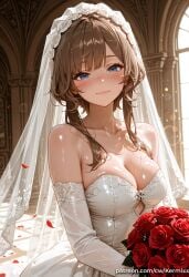 1girl ai_generated bangs bare_shoulders blue_eyes blush bouquet breasts bridal_veil bride brown_hair cleavage closed_mouth collarbone dress elbow_gloves female female_only flower genshin_impact gloves holding holding_bouquet indoors kermixx large_breasts looking_at_viewer petals red_flower red_rose rose sandrone_(genshin_impact) shiny shiny_skin sidelocks smile solo strapless strapless_dress upper_body veil watermark wedding_dress white_dress white_gloves