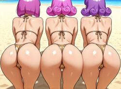 ai_generated mayihavesomeslops three_musketeers_(clash_royale) clash_(series) clash_royale from_behind gold_bikini ass ass_focus beach thick_thighs looking_ahead facing_away 3girls