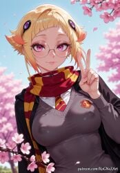 1girl 2026 ai_generated anime bangs blonde_hair blurry blurry_background boobs breasts capella_emerada_lugunica cherry_blossoms choker cleavage closed_mouth covered_nipples crossover day eye_contact eyelashes female female_focus glasses gradient_hair grey_sweater gryffindor hair_accessory hair_ornament hand_up harry_potter highres hogwarts_school_uniform huge_breasts large_breasts lips long_sleeves looking_at_viewer multicolored_hair necktie neutral_expression nsfw open_clothes orange_hair outdoors patreon patreon_username petals pink_eyes pink_lips re:zero_kara_hajimeru_isekai_seikatsu red_necktie red_scarf rognezart round_eyewear scarf school_uniform shirt short_hair sidelocks sky smile smiling solo striped striped_necktie striped_scarf sweater upper_body v watermark web_address white_shirt