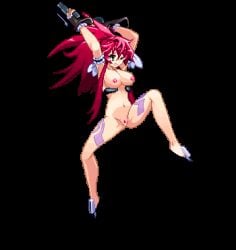 breasts female female_only green_eyes long_hair luna_himeki m.u.g.e.n one_eye_closed pixel_art red_hair sprite tattoo vanguard_princess pussy nipples areolae gif animated one_leg_up