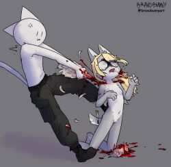 amputation anthro blonde_hair blood bodily_fluids bravobunny canid canine clothed clothing crying domestic_cat duo felid feline felis female fur genitals gore grey_background grey_body grey_fur hair hi_res kneeling male mammal nude nude_female pain scared simple_background tearing tears topless topless_male torn_wing vulva wings