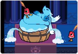 2025 anthro areola artist_request bath bathing belly big_areola big_belly big_breasts blue_areola blue_body blue_nipples border breasts cuptain_(deltarune) darkner deltarune deltarune_chapter_4 digital_media_(artwork) eyes_closed female female_anthro huge_belly miss_mizzle_(deltarune) mizzle_(deltarune) nipples nude nude_anthro nude_female obese obese_anthro obese_female open_mouth overweight overweight_anthro overweight_female pixel_(artwork) pixel_art pookypalace solo stuck undertale_(series) water_creature white_border