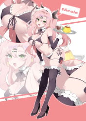 1girls armwear big_breasts bikini bikini_bottom bikini_top black_bikini black_gloves black_thighhighs blush bottomwear breasts character_name cleavage close-up condom elbow_gloves female female_only fingerless_gloves food footwear full_body gloves green_eyes hair_ribbon headwear heart_earrings heels high_heels hips holding_plate ice_choco_maker legwear long_hair maid maid_bikini maid_headdress maid_outfit mole mole_on_breast mole_under_eye multicolored_nail_polish multicolored_nails multiple_views nail_polish nails neckwear nicole_demara plate ribbon smile solo solo_female swimwear thigh_strap thighhighs thighs topwear twintails zenless_zone_zero