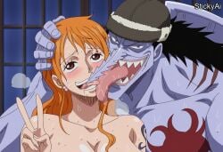 accurate_art_style ai_generated anime_coloring arlong bbc curvy curvy_figure female interracial interracial_sex interspecies large_breasts long_hair male mature_female nami_(one_piece) netorare ntr one_piece orange_hair stickyai